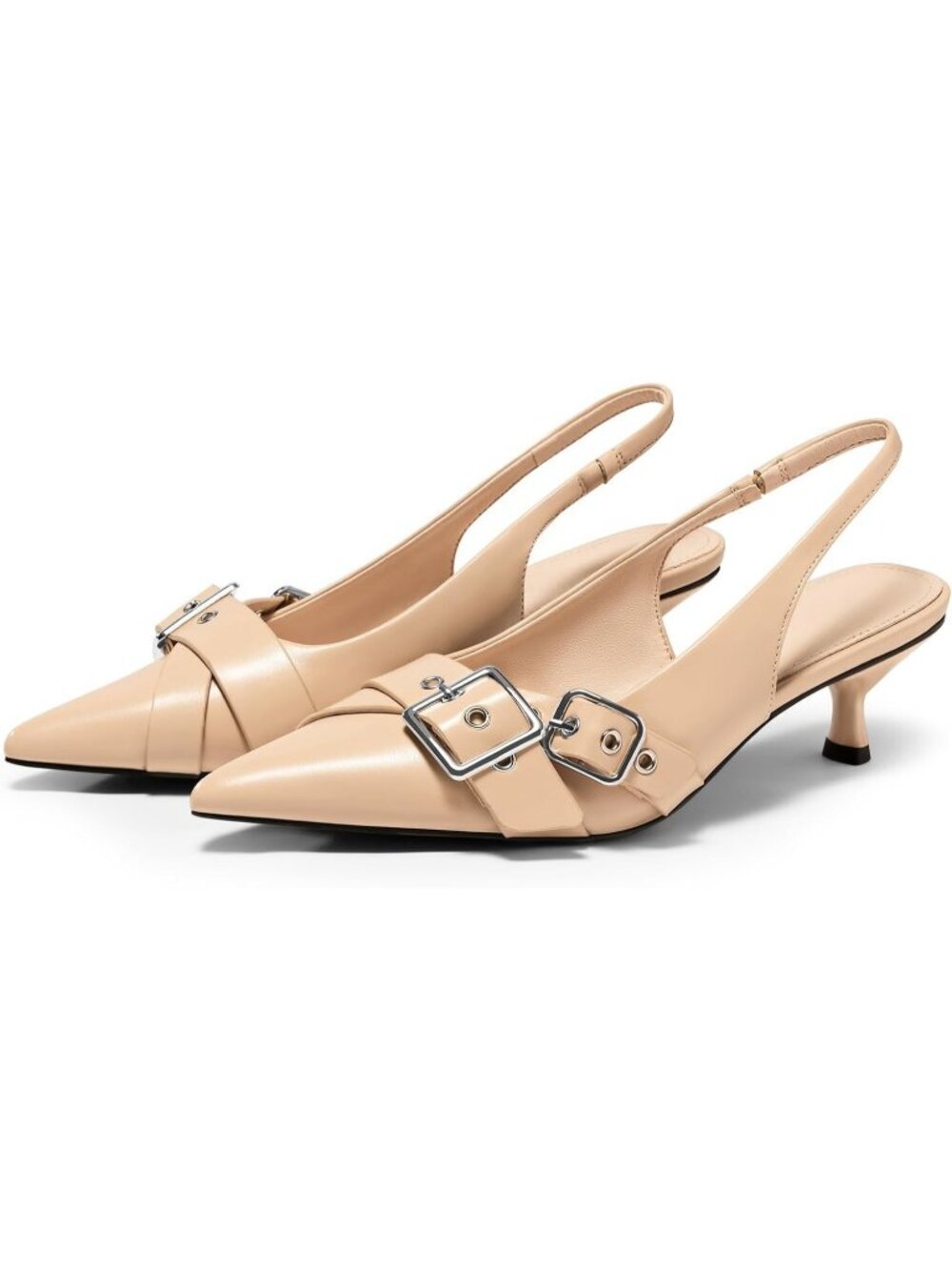 Women's Slingback Kitten Heels Closed Pointed Toe Khaki Studded Buckle Shoes